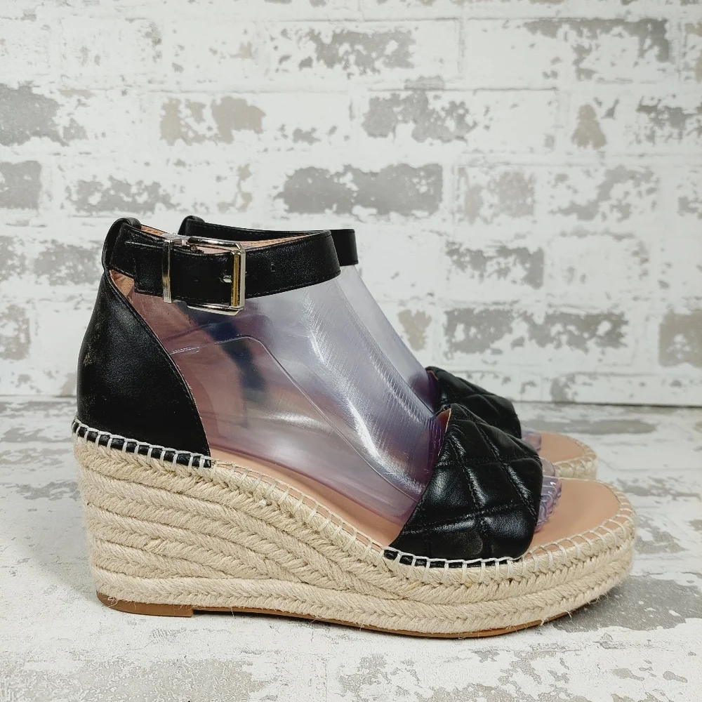 NEW Nordstrom Armen Black Leather Slip On Buckle Ankle Strap Wedge Sandals H205
